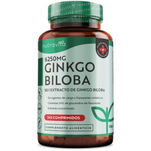 Ginkgo Biloba 6250 mg – 365 Comprimidos – Extracto de Gingko Biloba Vegano 50:1 – Alta Dosis Ginko Biloba Capsulas con 24% Glucósidos de Flavonoles – Mejora Concentración y Memoria – Nutravita